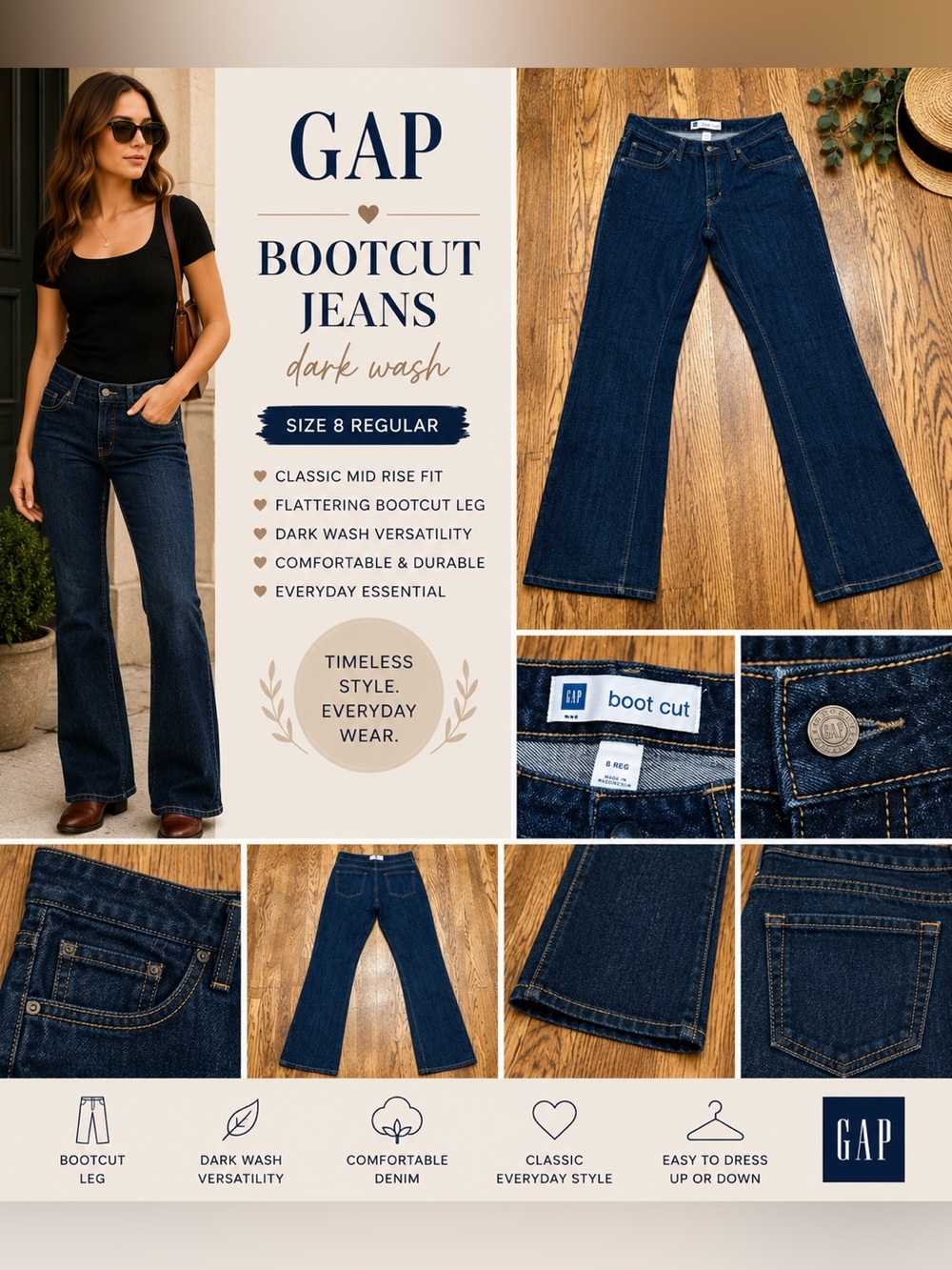 GAP Dark Wash Bootcut Jeans Women’s Size 8 Regular Classic Mid Rise Denim